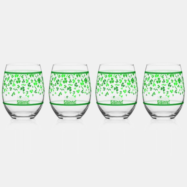 Sláinte Lucky Irish Shamrocks Design Personalized Stemless Wine Glass (Front)