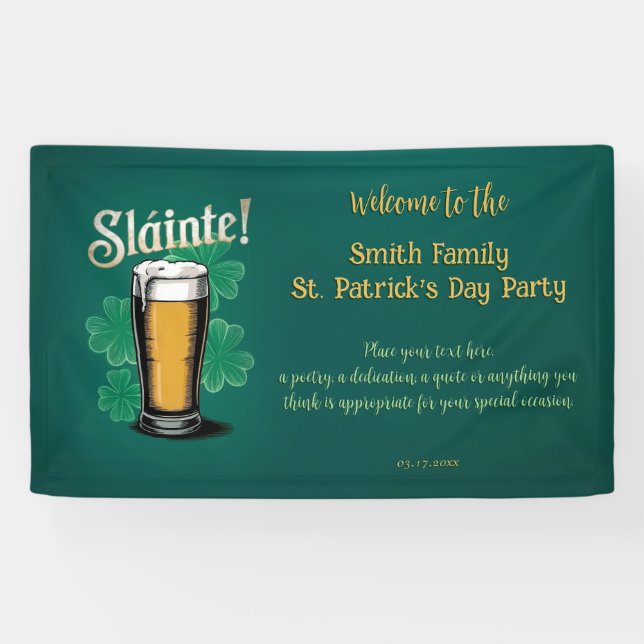 Slàinte! Saint Patrick's Day Pint of Beer on Green Banner (Horizontal)