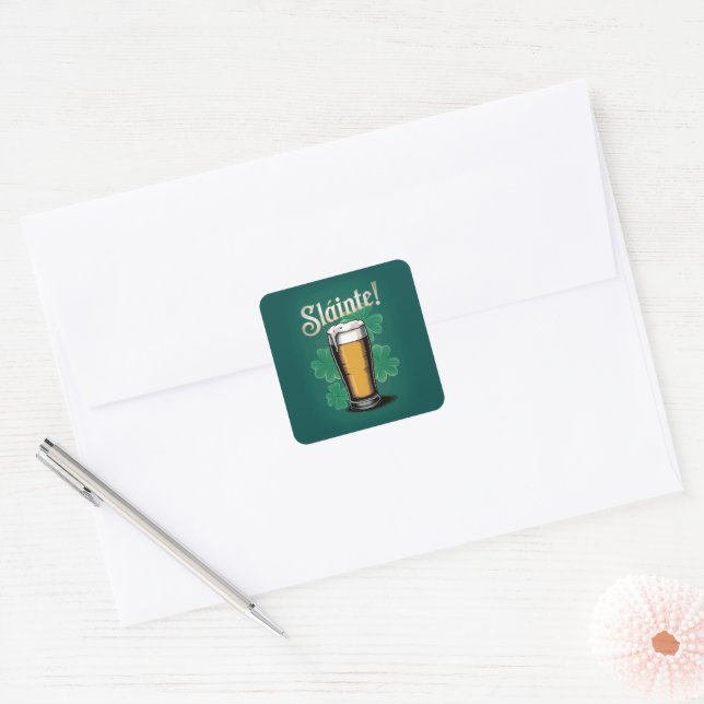 Slàinte! Saint Patrick's Day Pint of Beer on Green Square Sticker (Envelope)