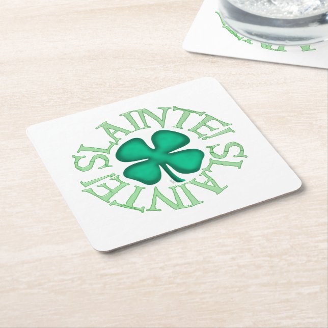 Slainte! white paper drink coasters (Angled)