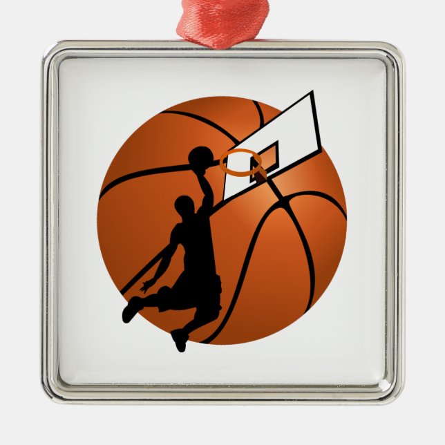 Slam Dunk Basketball Player w/Hoop on Ball Metal Ornament (Front)
