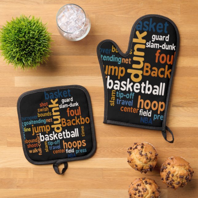 Slam Dunk Style: Dynamic Basketball Word Kitchen  Oven Mitt & Pot Holder Set (Top Down)