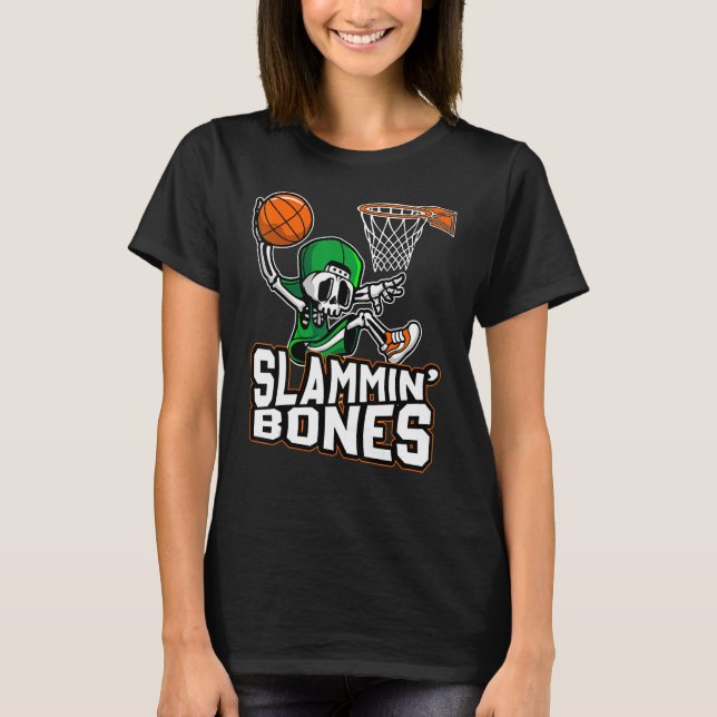 Slammin Bones Basketball Halloween Skeleton Dunkin T-Shirt (Front)