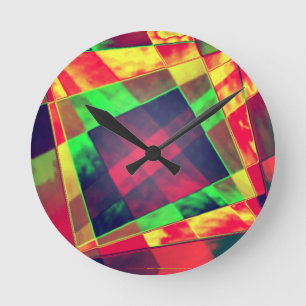 Slanted and frayed rectangles overlapping  round clock