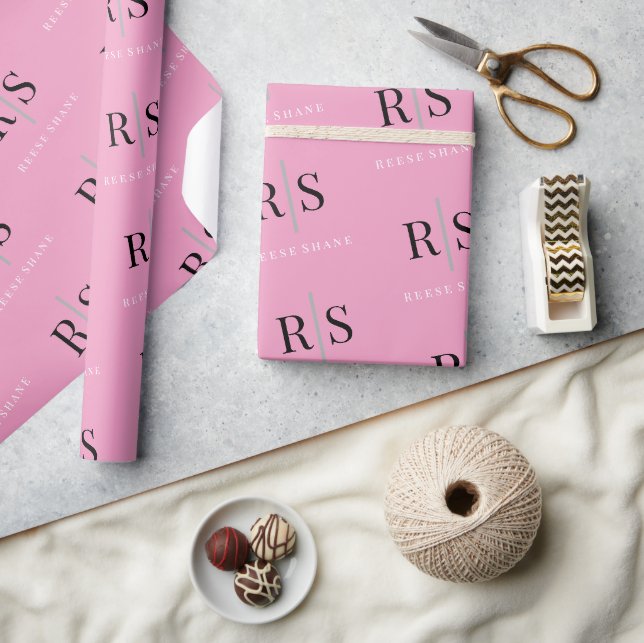Slanted Black Monogram & White Name, Pink Wrapping Paper (Crafts)