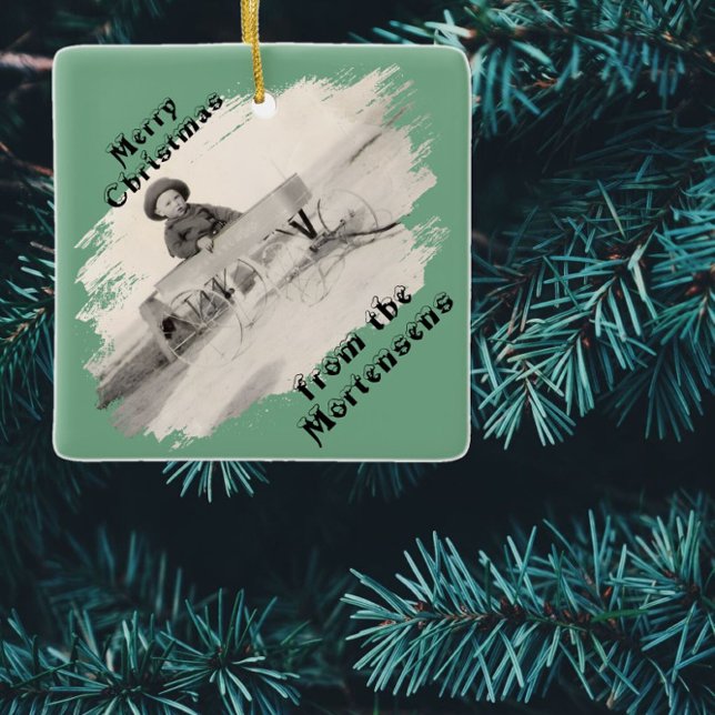 Slanted Photo with Swiped Opening Christmas Text Ceramic Ornament (Creator Uploaded)