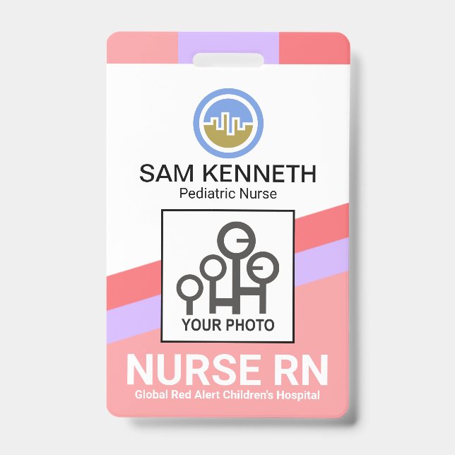 Slanting Colourful Stripes Nurse Photo Template ID Badge (Front)