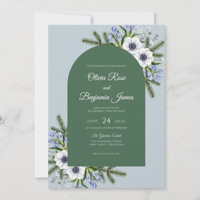 Slate Anemone Pine Wedding Invitation (Front)