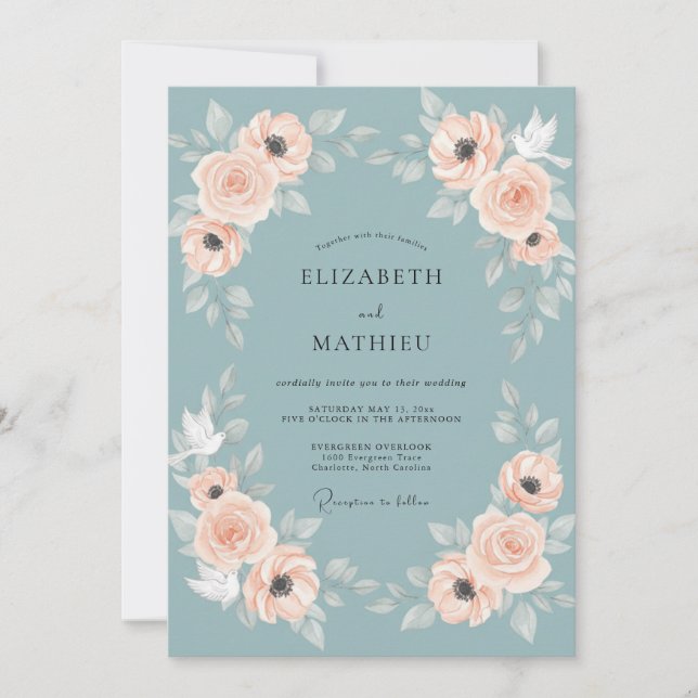 Slate Apricot Wreath Wedding Invitation (Front)