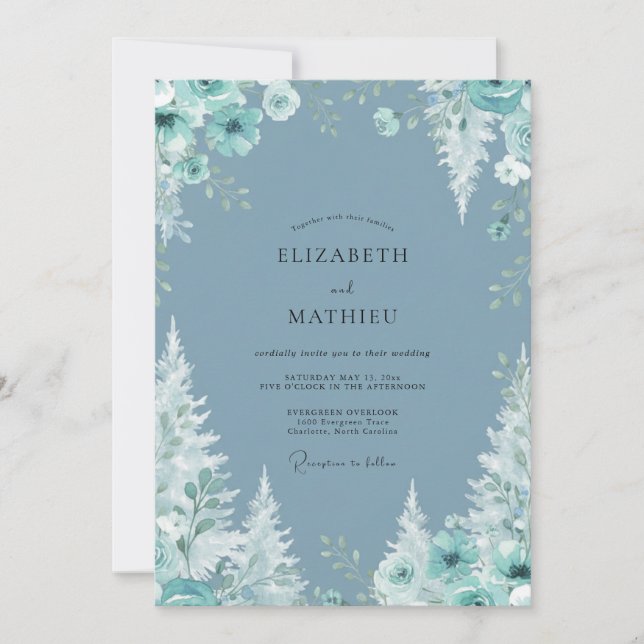 Slate Aqua Peony Wedding Invitation (Front)