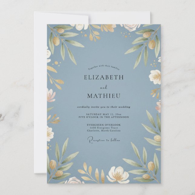 Slate Azure Foliage Eucalyptus Wedding Invitation (Front)