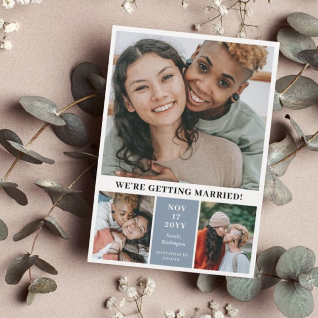 Slate Blue 3 Photo Collage Modern Save the Date (Creator Uploaded)