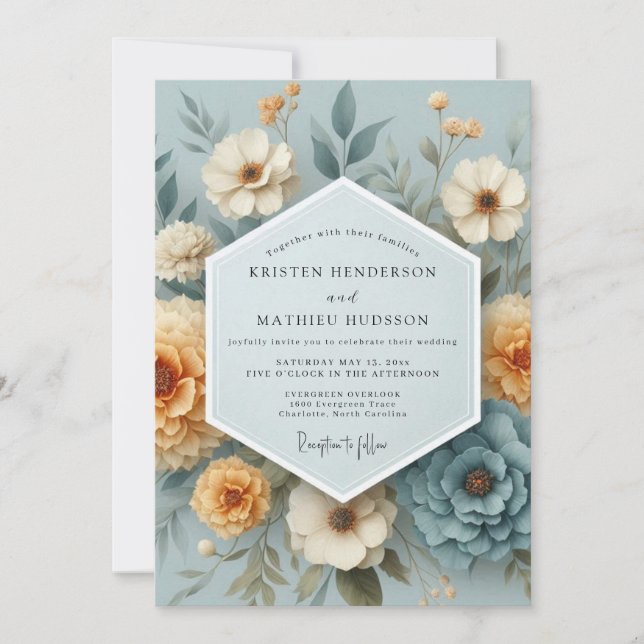 Slate Blue Amber Bloom Wedding Invitation (Front)