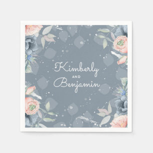 Slate Blue and Dusty Rose Floral Botanical Napkin