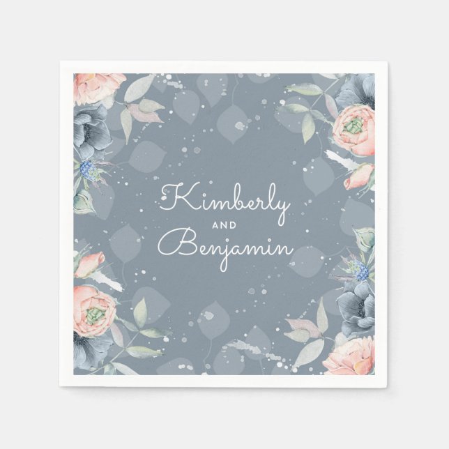 Slate Blue and Dusty Rose Floral Botanical Napkin (Front)