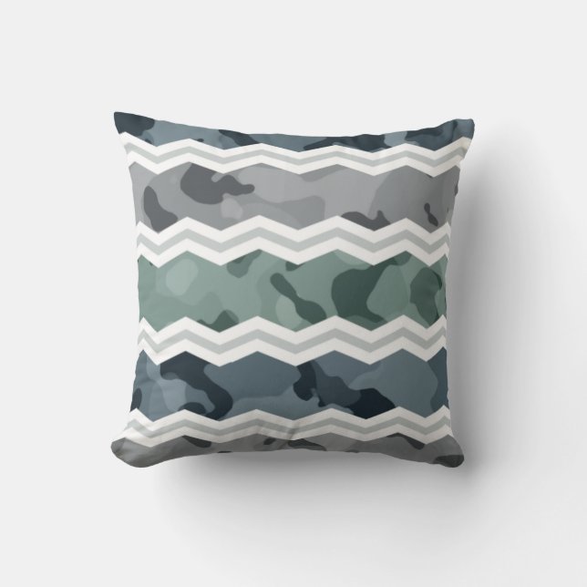 Slate Blue and Grey Camo Chevron Pattern Cushion (Front)