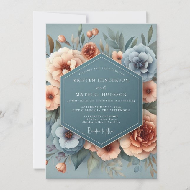 Slate Blue & Apricot Bloom Wedding Invitation (Front)
