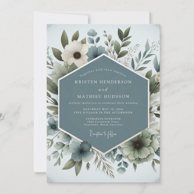 Slate Blue Aqueous Bloom Wedding Invitation (Front)