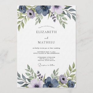Slate Blue Artistic Floral Wedding Invitation