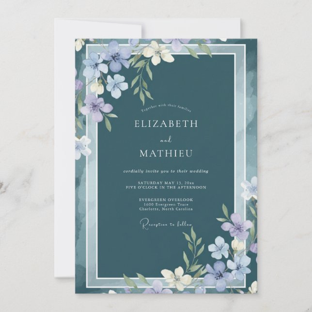 Slate Blue Atmospheric Botanical Wedding Invitation (Front)