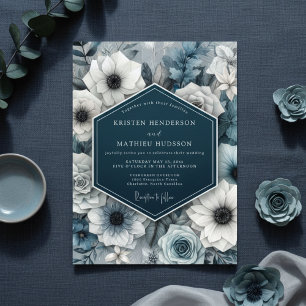 Slate Blue Bloom Nocturne Wedding Invitation
