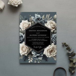 Slate Blue Bloom Opulent Wedding Invitation