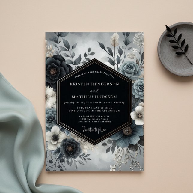 Slate Blue Bloom Wedding Invitation (Creator Uploaded)