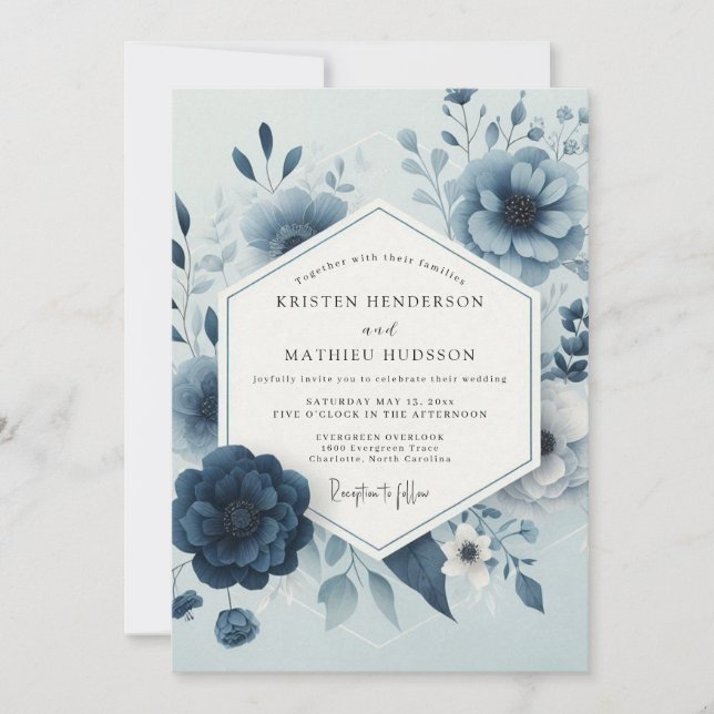 Slate Blue Bloom Whimsy Wedding Invitation (Front)