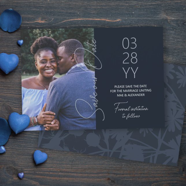 Slate Blue, Blue-Grey Wedding Save the Date Invitation (slate blue gray save the date cards, simple minimalistic elegant script save our date 5x7 template)