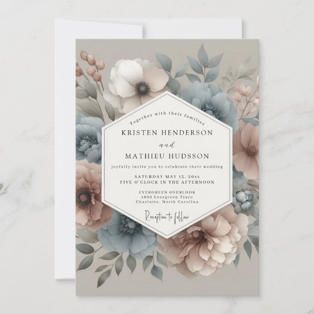 Slate Blue Blush Hazy Bloom Wedding Invitation (Front)