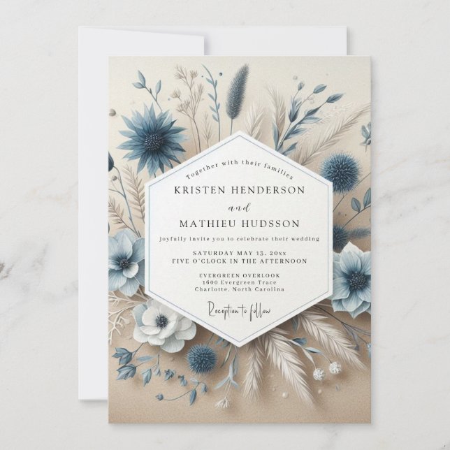 Slate Blue Botanical Whimsical Wedding Invitation (Front)