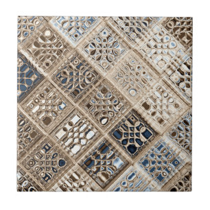 Slate Blue Brown Sari Mosaic Pattern Art Ceramic Tile