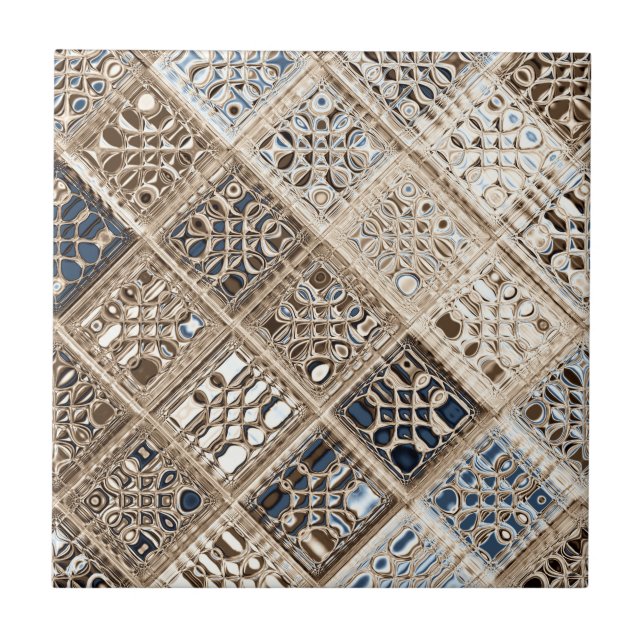 Slate Blue Brown Sari Mosaic Pattern Art Ceramic Tile (Front)