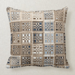 Slate Blue Brown Sari Mosaic Pattern Art Cushion
