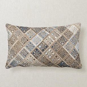 Slate Blue Brown Sari Mosaic Pattern Art Lumbar Cushion