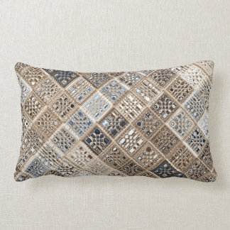 Slate Blue Brown Sari Mosaic Pattern Art Lumbar Cushion