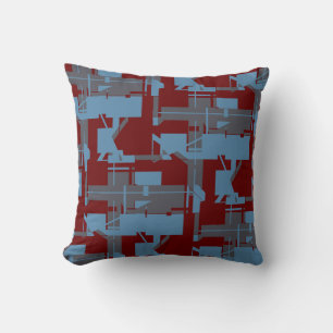 Slate Blue Burgundy Taupe Geometric Art Labyrinth Cushion