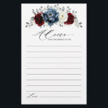 Slate Blue Burgundy White Bridal Shower Advice<br><div class="desc">Slate,  Burgundy,  White ivory themed floral bridal shower advice card featuring elegant bouquet of burgundy,  slate,  dusty blue,  ivory roses and peony flowers and dusty green eucalyptus leaves. Please contact me for any help in customisation or if you need any other product</div>