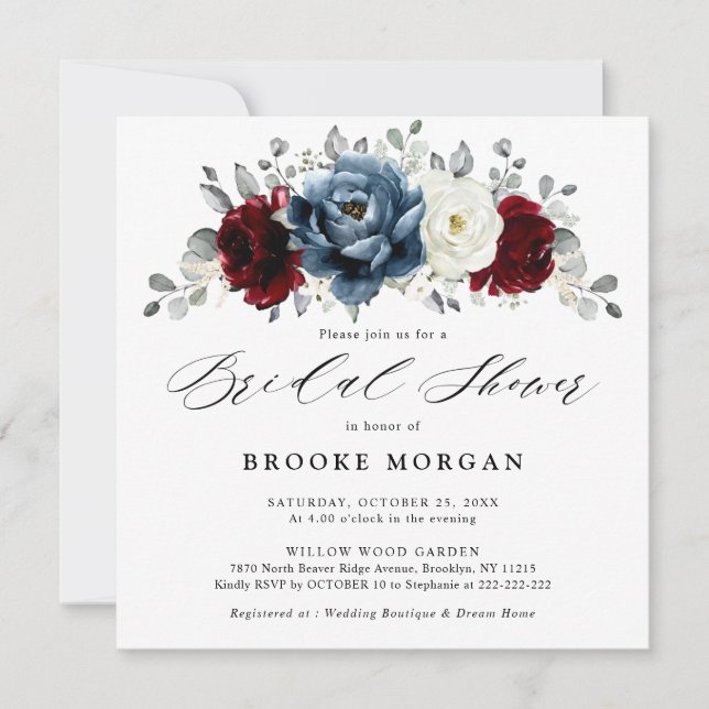 Slate Blue Burgundy White Ivory Boho Bridal Shower Invitation (Front)