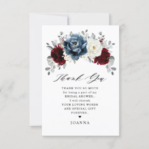 Slate Blue Burgundy White Ivory Boho Bridal Shower Thank You Card