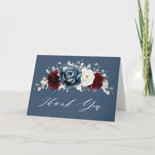 Slate Blue Burgundy White Ivory Boho Bridal Shower Thank You Card (Front)