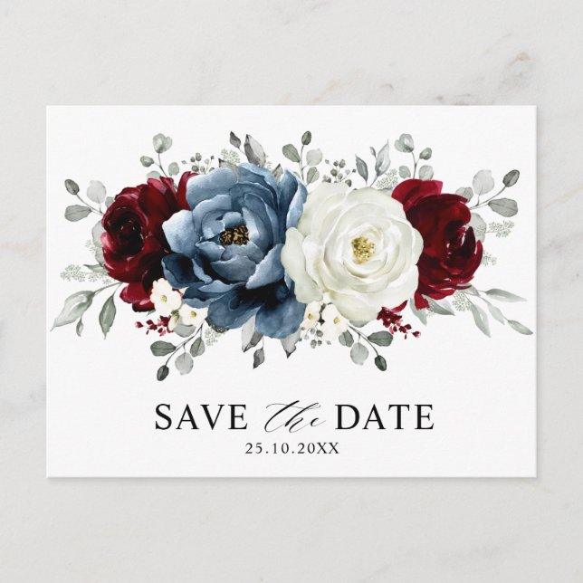Slate Blue Burgundy White Ivory Boho Save the Date Postcard (Front)