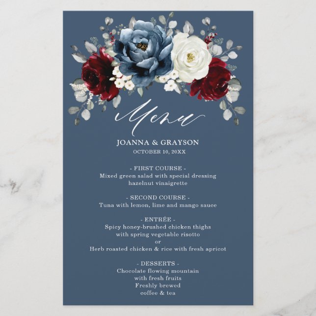 Slate Blue Burgundy White Ivory Boho Wedding Menu  (Front)