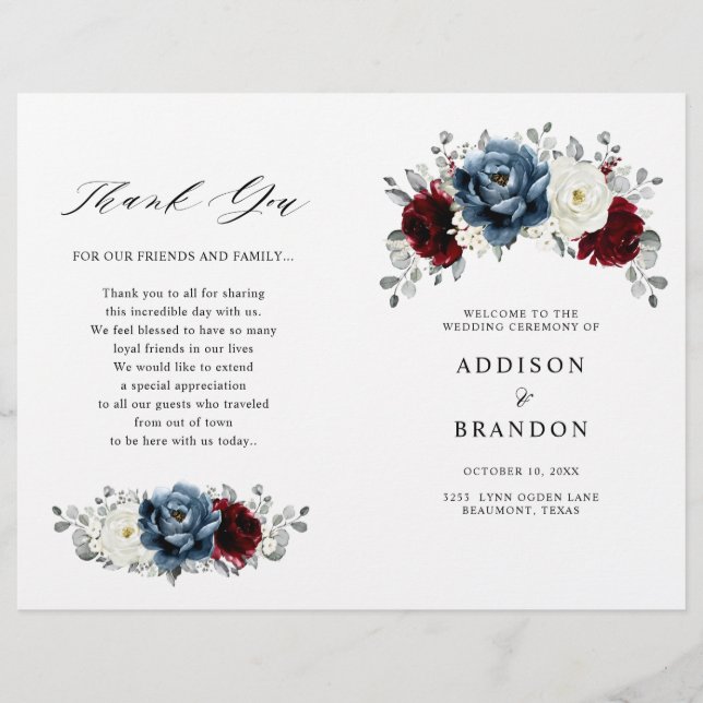 Slate Blue Burgundy White Ivory Floral  Program (Front)