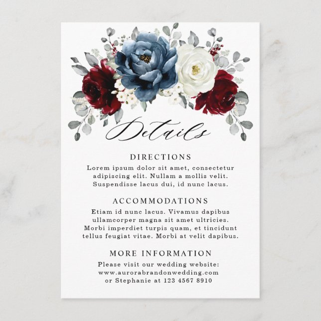 Slate Blue Burgundy White Ivory Floral Wedding  Enclosure Card (Front)