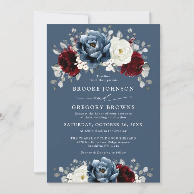 Slate Blue Burgundy White Ivory Floral Wedding  In Invitation (Front)