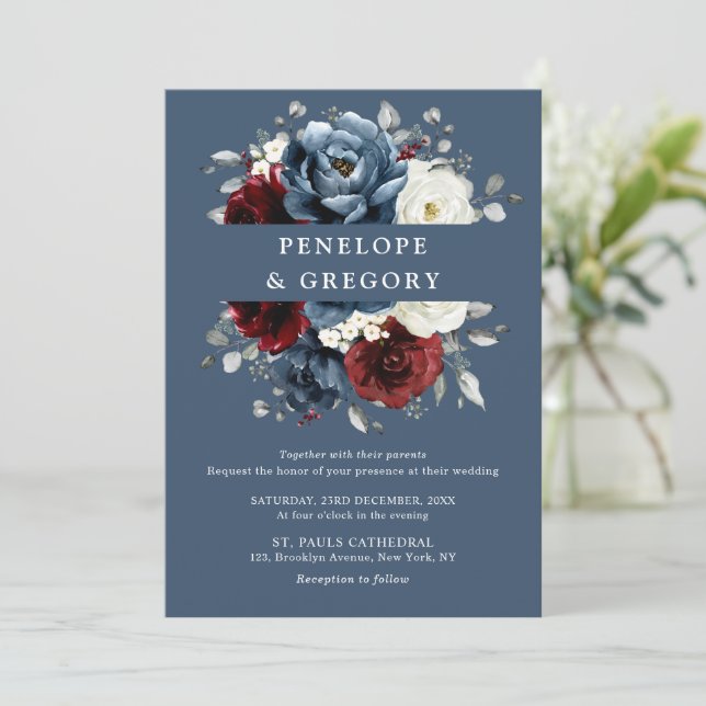 Slate Blue Burgundy White Ivory Floral Wedding  In Invitation (Standing Front)