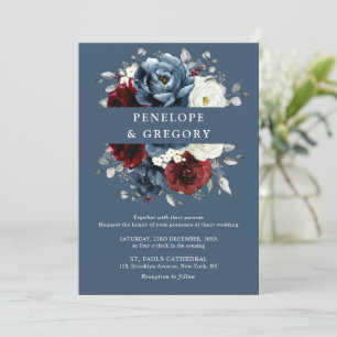Slate Blue Burgundy White Ivory Floral Wedding  In Invitation