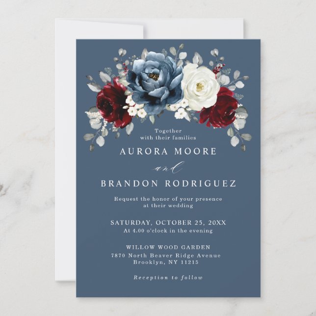 Slate Blue Burgundy White Ivory Floral Wedding Inv Invitation (Front)