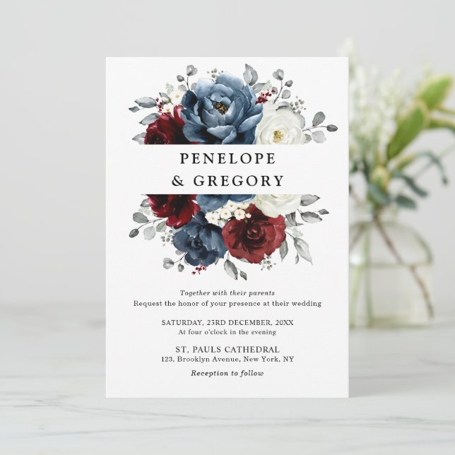 Slate Blue Burgundy White Ivory Floral Wedding  Invitation (Standing Front)